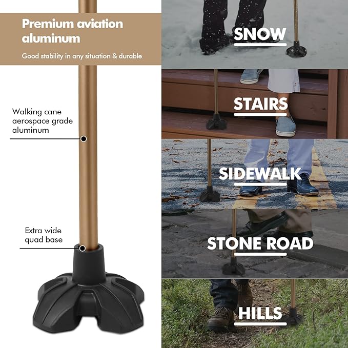 GPTCAMP G1 Walking Stick, Walking Cane for Women & Men with Wrist Strap, Lightweight & Sturdy Offset EVA Handle, Large Quad Base, Self Standing for Seniors and People with Injuries & Recovery