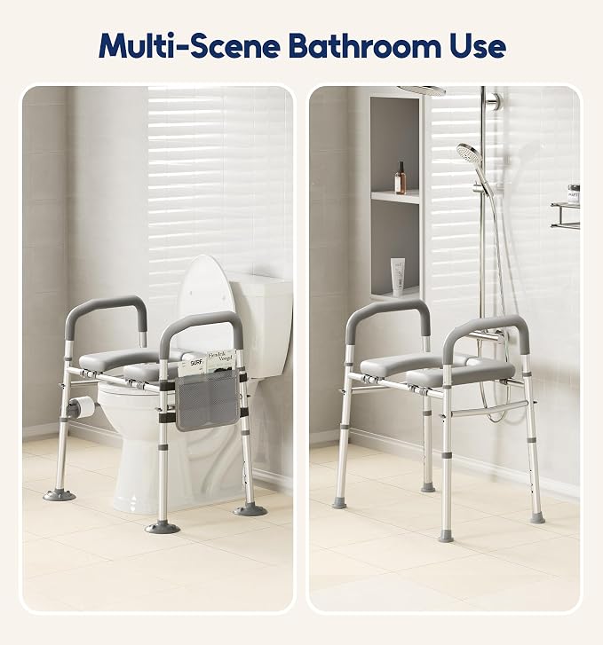 Bluelog Raised Toilet Seat Risers for Seniors with Handles, Grey | Adjustable 7 Height & 6 Width, 400lbs Heavy-Duty Support, Built-in Paper Holder & Storage, For Elderly & Handicap