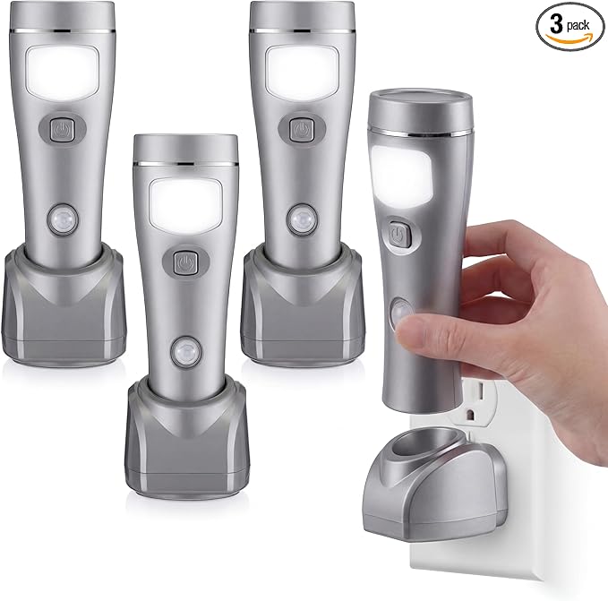 Enhon 3 Pack 4 in 1 LED Emergency Lights for Home Power Failure, Rechargeable Plug in Flashlight Motion Sensor Night Light, Automatic Turn On Power Outage Light for Home Hurricane Supplies (Silver)