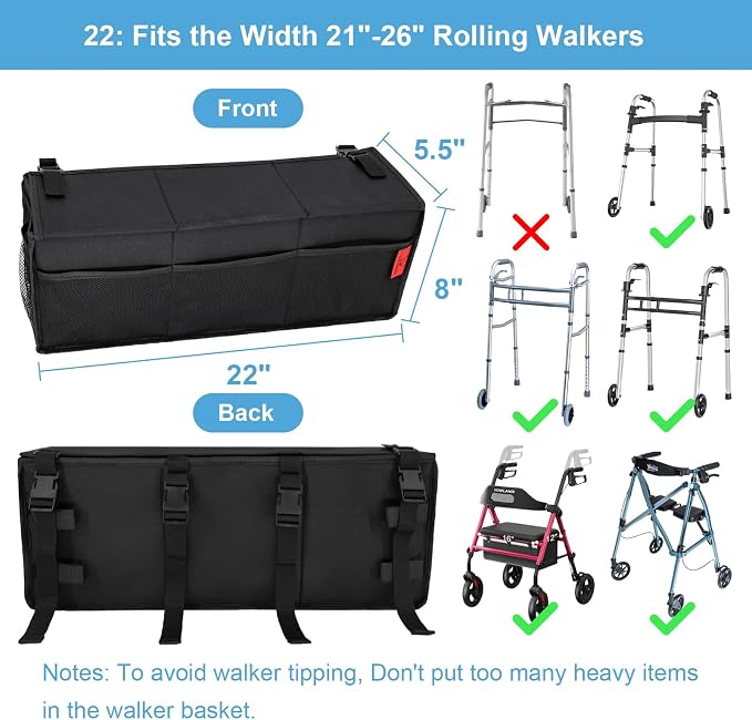 Extra Large Bariatric Walker Basket for 21"-26" Width Folding Walker/Rollator, Extra Wide Walker Storage Baskets with Cup Holder, Lid & Multiple Pocket, Easy to Use Walker Tote Bag for Seniors, Black.