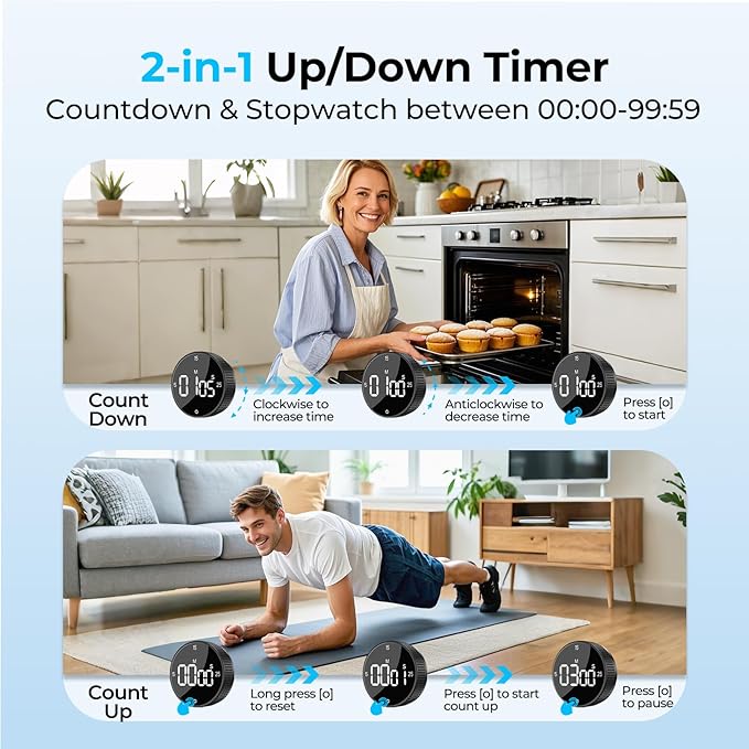 Magnetic Kitchen Timer for Cooking with Loud Alarm - Large LED Display Rotating Countdown Pomodoro Timer, Preset 5/15/25 Mins Easy for Seniors and Kids，for Baking Grilling Studying