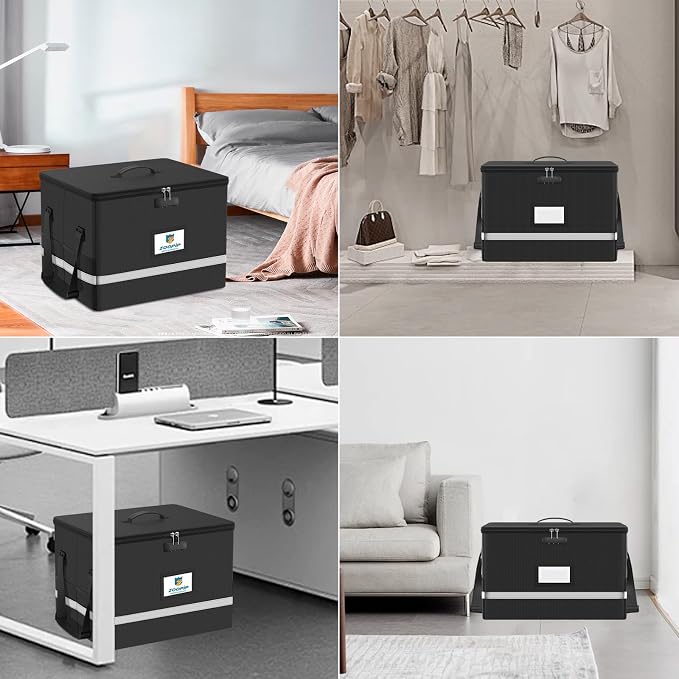 Fireproof File Box with Lock, 5200℉ Document Organizer, Black | Suitable for Letter Size Hanging Folders, Reflective Strip for Fast Find,Foldable Home Office Protection,16.6"x12.6"x10.2"