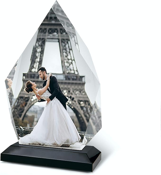 HB Art Design Personalized Crystal Glass Print with Wood Stand Upload Your Photo Custom Acrylic Diamond Shape Custom Photo Print Personalized Gift for Christmas Small- 5 1/4 x 6 3/4 inches