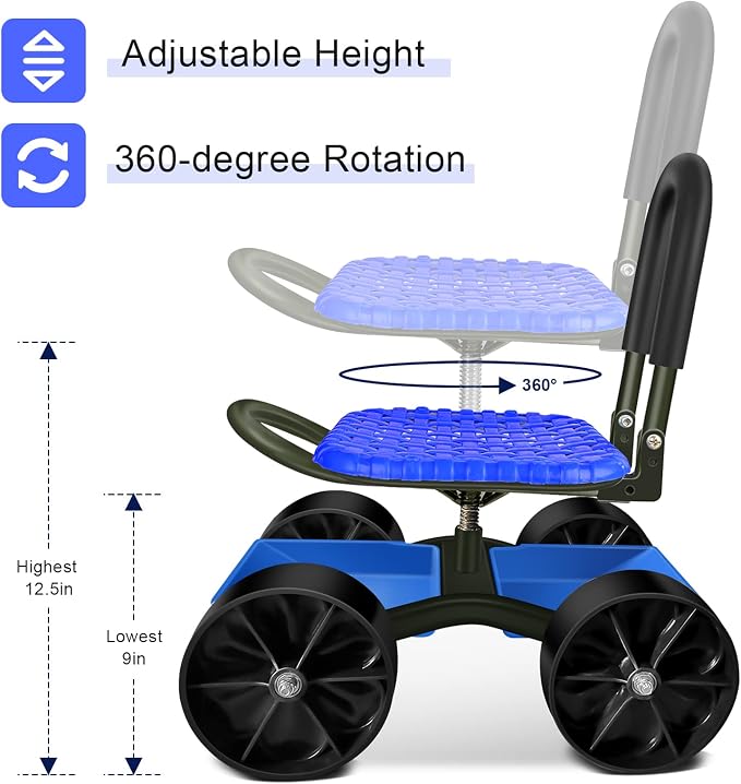 i COVER Garden Cart Rolling Stool Four Wheels with Tool Bag and Two Patio Gloves, Stable Workseat Sturdy Carts Adjustable Seat Height and Direction, Gardening Helper