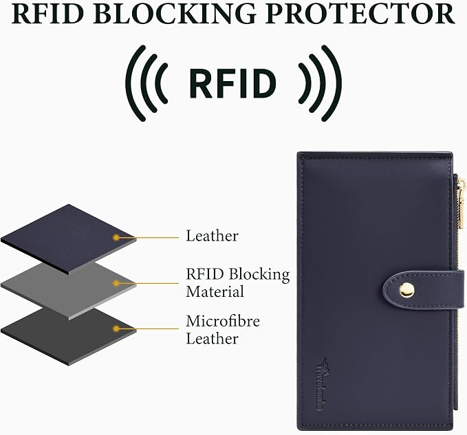 Travelambo Womens Leather Bifold Wallet, Slim RFID Blocking Card Holder | Large Capacity, 16 Card Slots & ID Window, 2 Zipper Pockets, Dual Snap Closure, Slim Lightweight, RFID Privacy Protection