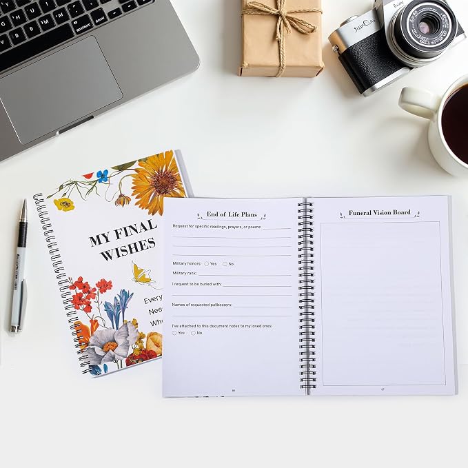 Thboxes My Final Wishes Planner, End of Life Estate Organiser Book, Flowers | Spiral Bound Notebook, 7.4 x 10.1 In, Possessions And Affairs Pages, When I Am Gone Notes, for Adults, Seniors, Families