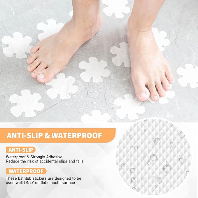 Non Slip Bathtub Stickers, 24 PCS Shower Stickers for Safety Bathroom Tubs, Bathtub Non Slip -Sticker and Adhesive Decals Scraper for Bath Tub, Shower Floor, Stairs, Ladders(Flower Shape, White)