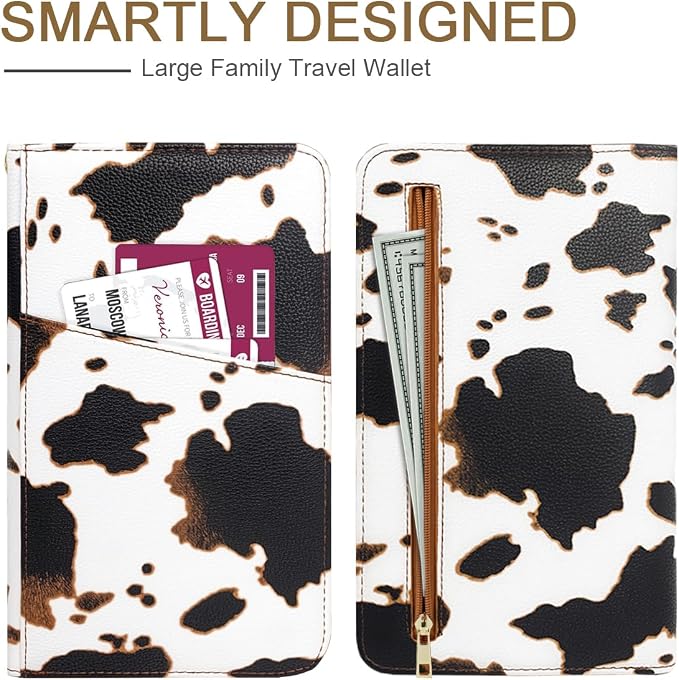 Family Passport Holder Wallet RFID Blocking Document Organizer | PU Leather Mulit-purpose Travel Wallet Credit Cards Case for Women Men, Cow Print