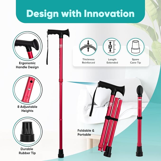 Enhanced Walking Cane (Thicker & Longer) - Foldable, Adjustable, Collapsible, Spare Tip, with Travel Bag | Versatile Walking Stick for Every Height, Weight, Seniors & Adults