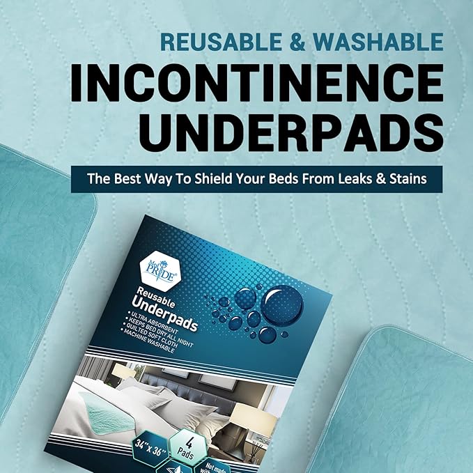 MED PRIDE Washable Reusable Bed Pads for Incontinence Adults Women 34 X 36 in 4 Pack High Absorbency Leakproof Underpads