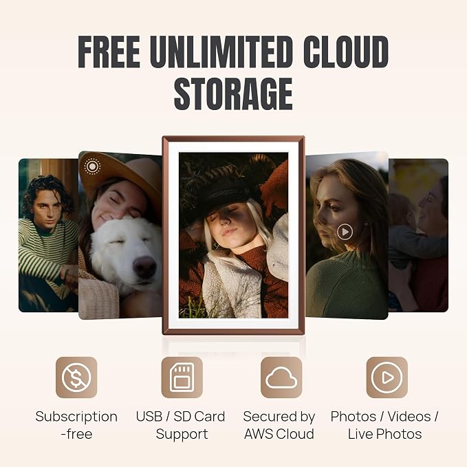 ARZOPA 14" WiFi Digital Picture Frame Free Cloud Storage No Subscription 1920x1200 Touchscreen Metal Frame Load Live Photos Videos from Phone Ideal for Gifting - D14 Mocha Brown
