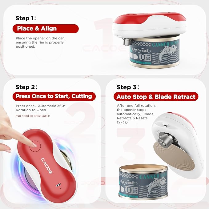 CACOE Automatic Smart Electric Can Opener with Auto Stop & USB-C Charging | Cordless Can Opener for Elderly and Arthritic Users for Seniors & Arthritis, Effortless One-Touch Open (red)