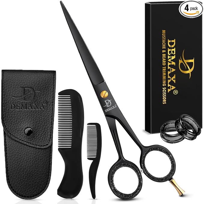 DEMAXA 5" Professional Beard Scissors for men Mustache Scissors with 1 Mustache Comb, 1 Beard Comb & Soft Pouch – Prefect Beard shears mustache kit for All Facial Hair – moustache Grooming kit for Men