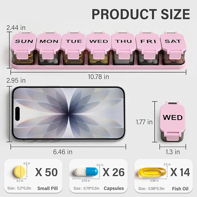 Yaklim Extra Large Weekly Pill Organizer - Waterproof 7-Day Pill Box, Portable Vitamin & Supplement Case, Easy to Open Design, Ideal for Travel and Daily Medication Management (Blackpink, 2 Packs)