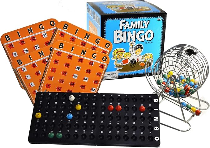 Regal Bingo Family Game Set for Adults and Kids - Includes 8 Inch Bingo Wheel Cage, 75 Balls, Master Board, 4 Shutter Slide Cards - Fun Family Bingo Night