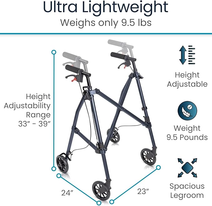 Vive Mobility Lightweight Walker for Seniors - Narrow, Folding Walker | W/Wheels for Small & Tight Spaces - Light Weight for Balance, Compact Doorways, Foldable - Portable & Collapsible for Travel
