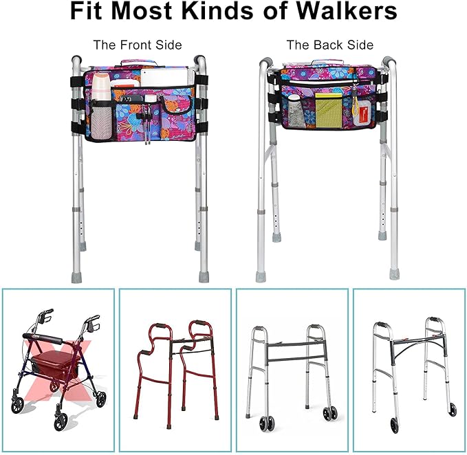 Walker Bag for Seniors-supregear Folding Walker Accessories Bag (Double Sided), Walker Basket Caddy Large Capacity Waterproof Tote with 9 Pockets and Cup Holder