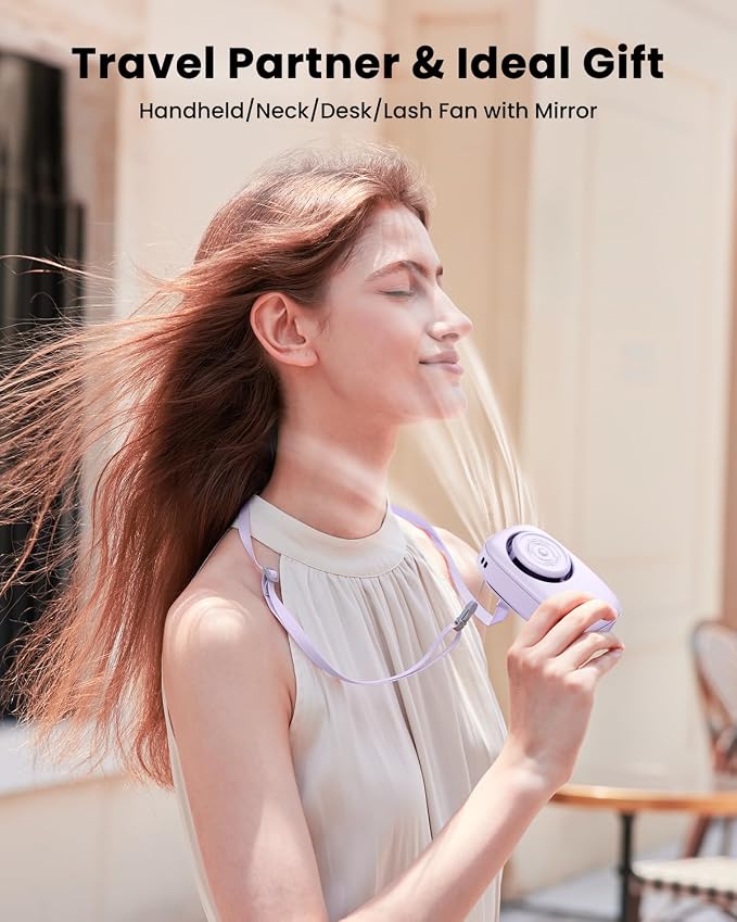 Gaiatop Mini Neck Fan, LED Makeup Mirror, Power Display Portable Fan Purple | 3 Speeds, 360° Rotate Mirror for Handheld Desk Use, Rechargeable Small USB Fan, Personal Cooling Travel Essentials Women Gift