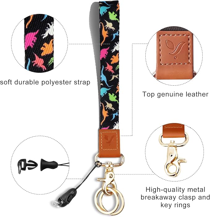 Yiflin Cute Wrist Lanyard for Keys, Keychain, Wallet, Id Holder, Cell Phone, Wristlet Lanyard Key Chain Holder（Colored Dinosaur S）