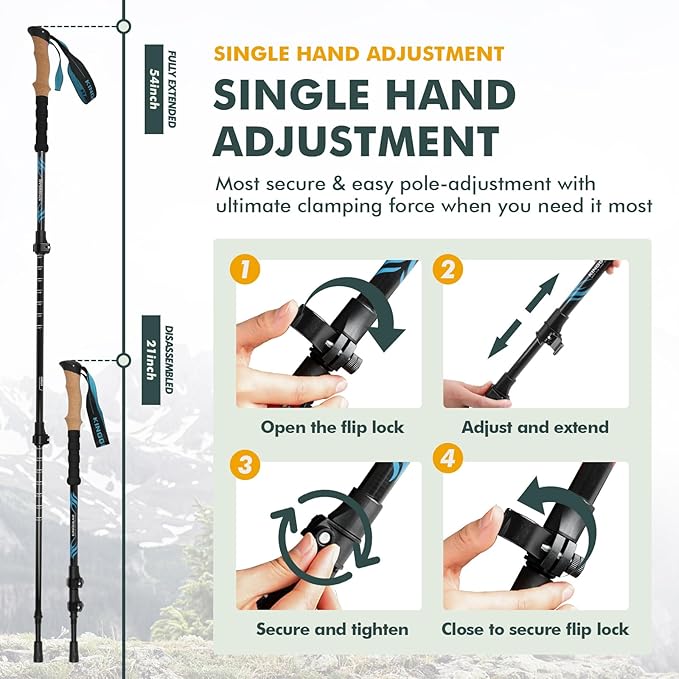 KINGGEAR TPC 100% Carbon Fiber Hiking Poles, Telescopic Retractable Nordic Trekking Poles, Ultra Lightweight Nordic Walking Stick, Metal Flip Locks, Cork and Extended EVA Handle
