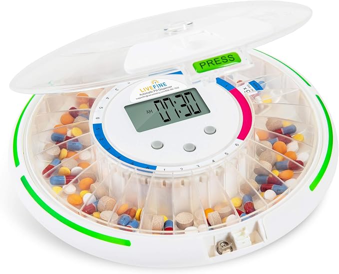 LiveFine Automatic Pill Dispenser, 28-Day, 9 Dosage Rings, 30-Min Alarms | Portable, battery-powered organizer for prescriptions and vitamins - locks with a manual key for safe travel
