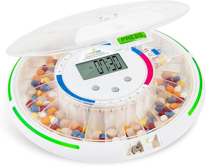 Live Fine Automatic Pill Dispenser, 28 Day Medication Organizer, Clear Lid | Lockable Medicine Box, Pill Box with Alarm, Audible & Visual Alerts, Easy-Fill Carousel, For Vitamins & Prescriptions
