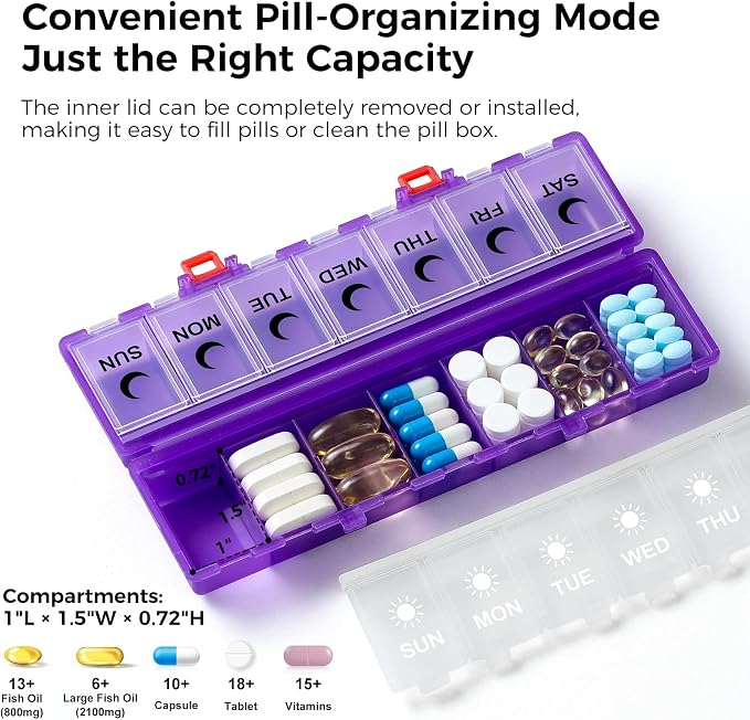 Foldable Pill Organizer Weekly 2 Times a Day, 7 Day Portable AM PM Travel Pill Case with Black&White Labels, Dual-Protection Daily Medicine Box, Large Pill Holder for Vitamin/Supplement-Clear Purple