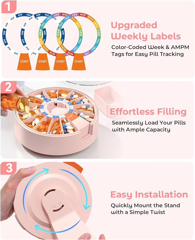Daviky Daily Pill Dispenser, Large Capacity 14-Day Pill Organizer Box | Push Button Dispensing, Easy Open, Wall-Mounted or Standing, 14 Compartments, Senior-Friendly, for Medication & Vitamins