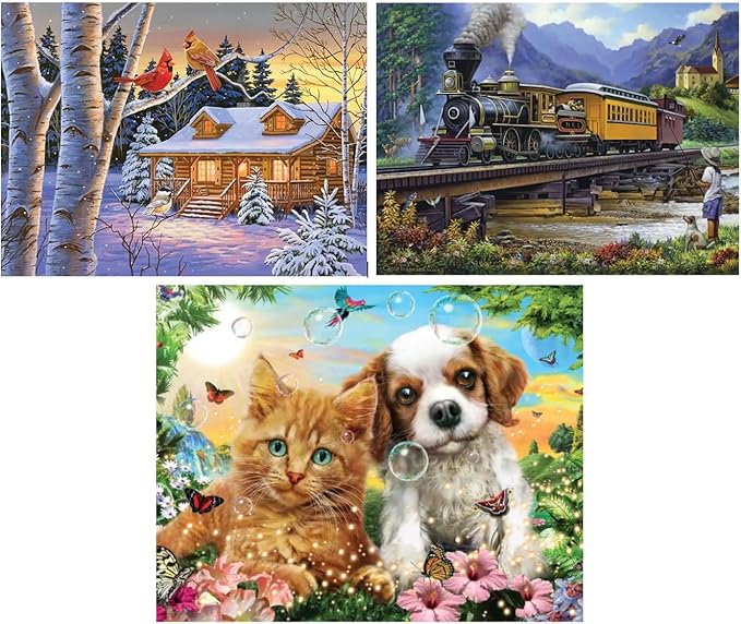 Bits and Pieces Value Set of 3 Large Piece Puzzles for Seniors, 10 in. x 13 in. Winter Cabin, Train, Kitten & Puppy - 35 pc Extra Large Pieces Puzzles for Dementia Seniors, Alzheimer Puzzle