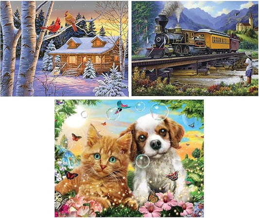 Bits and Pieces Value Set of 3 Large Piece Puzzles for Seniors, 10 in. x 13 in. Winter Cabin, Train, Kitten & Puppy - 35 pc Extra Large Pieces Puzzles for Dementia Seniors, Alzheimer Puzzle