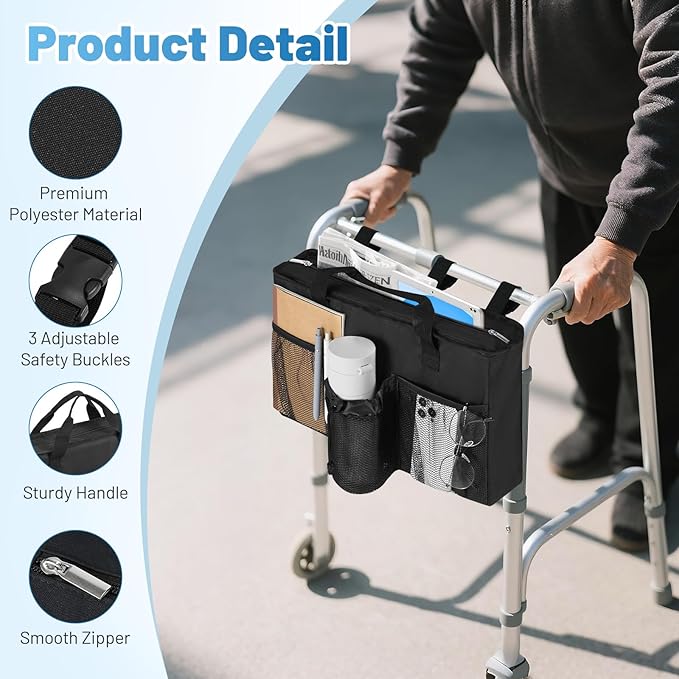Rhino Valley Walker Bag, Large Capacity Walker Accessories Storage Bag with Multi Pockets & Cup Holder, Walker Basket with 4 pockets for Universal Walkers for Seniors, Black