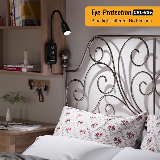 Wall Mounted Reading Light with Hand Sweep Sensor Switch, Book Light for Reading with USB Output, 5 Color & Brightness Dimmable Wall Lights for Bedroom, Wall Lamp with Flexible Neck-Black 2 Pack