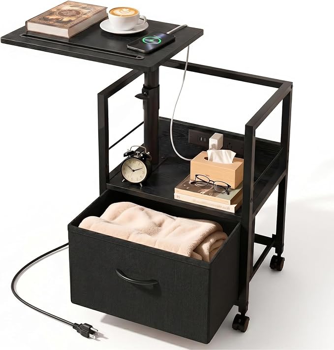 Faesun Swivel Lift Top Nightstand with Charging Station, Rolling Side Table for Recliner, Bedside Table with Wheels & a Fabric Drawer, for Small Spaces, for Bedroom, Living Room, Black
