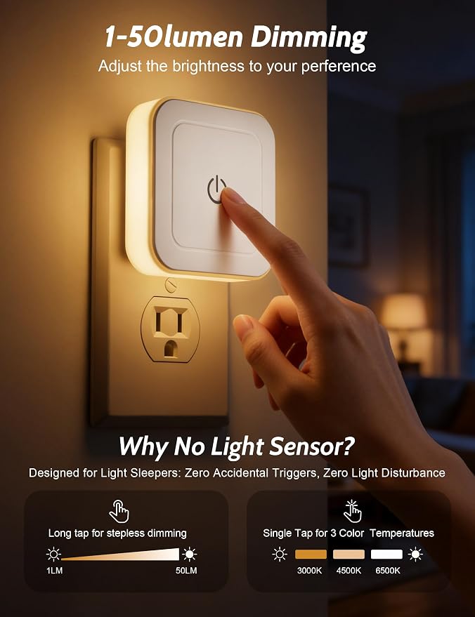 Sujeet Modern Night Light, 1-50LM Stepless Dimming LED Night Light with 3CCT (3000K/4500K/6500K), Night Lights Plug into Wall Night Light for Adults, Bedroom, Bathroom, Hallway,8-Pack,No Light Sensor