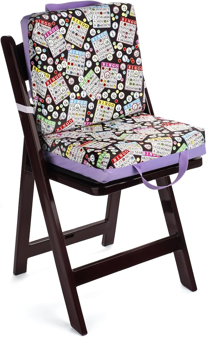 Classic Bingo Pattern Seat Cushion – Extra Thick 3” Bingo Pillow with Strap, Storage Pouch & Handles – Comfortable Folding Chair Cushion for Bingo Nights (Purple)