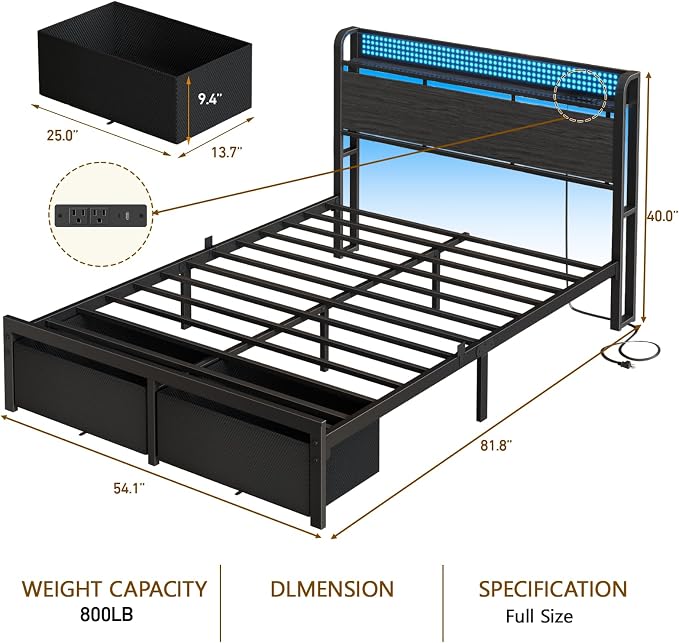 Full Size Bed Frame with Headboard, Charging Station, 2 Drawers | 2-Tier Wood Shelves,LED Lights,1200 Lbs Capacity,USB & Type-C Ports,No Box Spring Needed,Noise Free,Easy Assembly,Rustic Grey