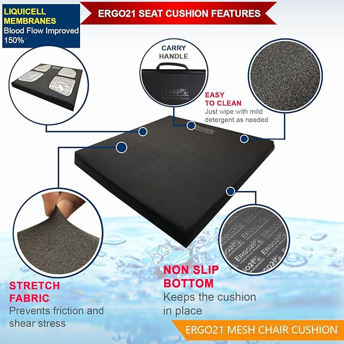 ERGO21 Mesh Office Chair Cushion - LiquiCell Membranes Reduce Pressure on Sit Bones, Non Slip Soft Seat Cushion Suitable for Aeron Chair, Recliners, Sofa