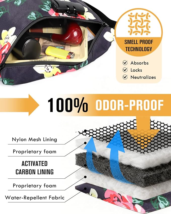 Smell Proof Bag, Odor Proof Bag with Combination Lock, Durable Smell Proof Container with Carbon Lining, Secure Odorless Travel Pouch for Home & On-the-Go (Flower)