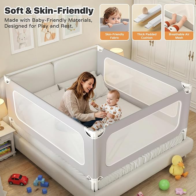 MagicFox 3 Piece Twin Size Bed Rail for Toddlers, Upgraded Height Adjustable Baby Bed Rail Guard, Thickened Child Safety Bed Rails for Twin Size Beds (74.8"x74.8"x39" Gray)