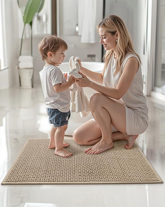 Color&Geometry Chenille Pile Large Bathroom Rugs Upgraded Denser, 24"x36" Non Slip Absorbent Khaki Bath Mats for Bathroom Thin Fit Under Door, Washable Quick Dry