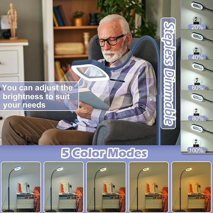 Drdefi 10X Rectangular Real Glass Magnifying Glass with Light and Stand, 24" Flexible Gooseneck Floor Lamp, 5 Color Modes Stepless Dimmable, 3-in-1 Lighted Magnifier Light Hands Free for Reading Blue