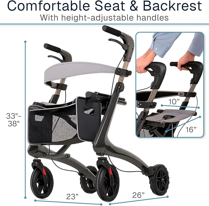 Vive Mobility Carbon Ultralight Rollator Walker - 4 Wheel Lightweight Carbon Fiber Walker for Seniors with Seat - All Terrain, Foldable, Height Adjustable - 300 lbs Weight Capacity, Mobility Aid