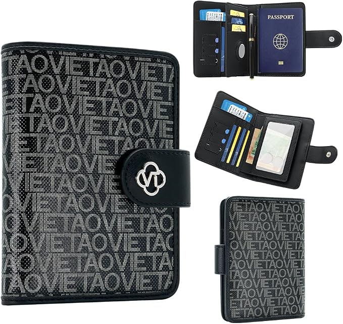 Passport Holder Wallet Bag with AirTag Holder, Card Slots and Passport Solt Ticket Cash Solt, Photo Solt Sim Card Pen Slot.Black