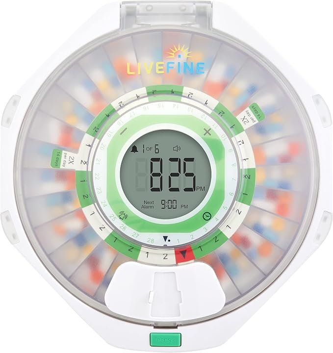 LiveFine 28-Day Automatic Pill Dispenser, 9 Dosage Rings, Frosted Lid | Battery-powered and travel-ready with a lockable key cover - trusted by seniors and arthritis sufferers.