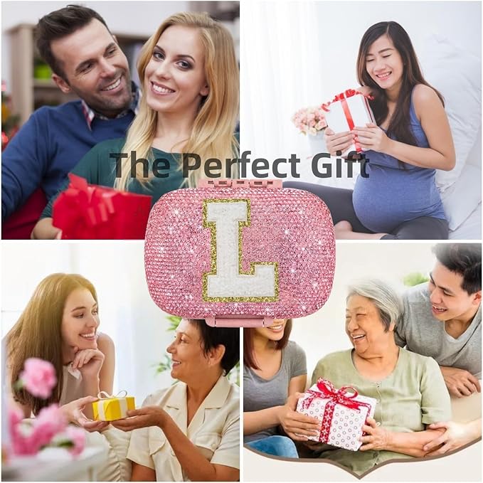 Cute Pill Organizer Small Bling Pill Case for Purse Medicine Vitamin Container Holder Daily Pill Box Container for Women Travel Medicine Kit(Letter L Pink)