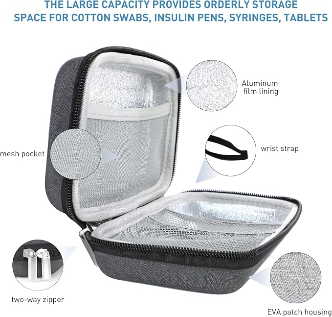 suzamed Insulin Cooler Travel Case,EVA Insulation Travel Medicine Kit with 2 Ice Packs for Diabetes Care,Insulin Pen and Other Diabetic Supplies (Dark gray)