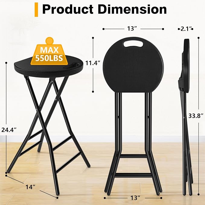 Portable Folding Chair with Handle, Heavy Duty Round Fold Stool Chair | 550lbs Capacity for Adults, 24 Inch Foldable Stool for Dorm, Kitchen, Vanity, Church and Outdoor use