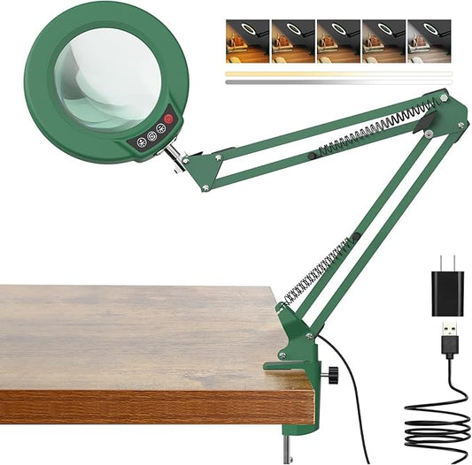 10X Magnifying Glass with Light and Clamp, Real Glass Stand Lighted Magnifier, 5 Color Modes Stepless Dimmable LED Desk Lamp Hands Free for Crafts Hobby Reading Painting Sewing Close Work - Green