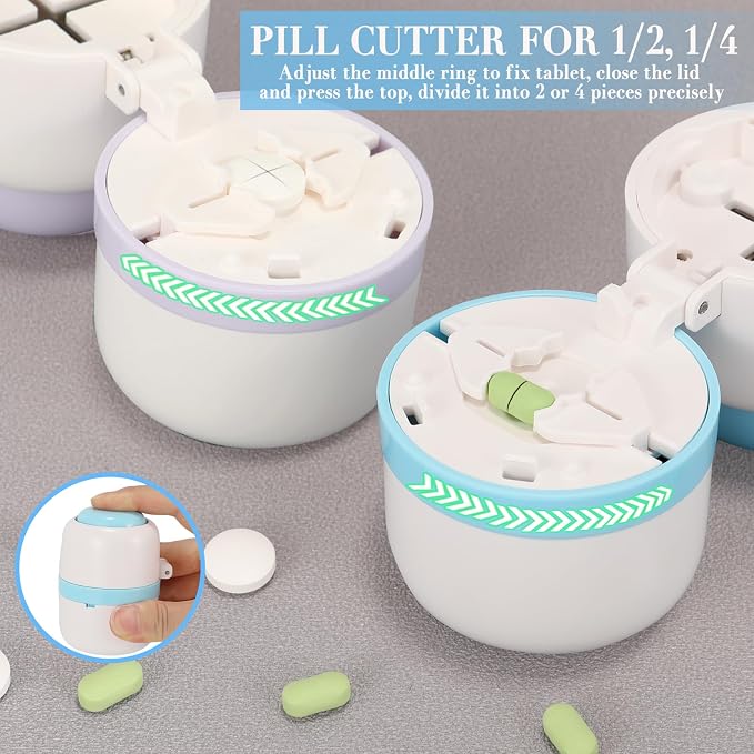 Pill Cutter Splitter for Small or Large Pills, Profesional Pill Cutter 1/4 & 1/2 Divider, Includes Storage Compartment, Accurate and Easy Cutting for Tablets, Vitamins (Blue)