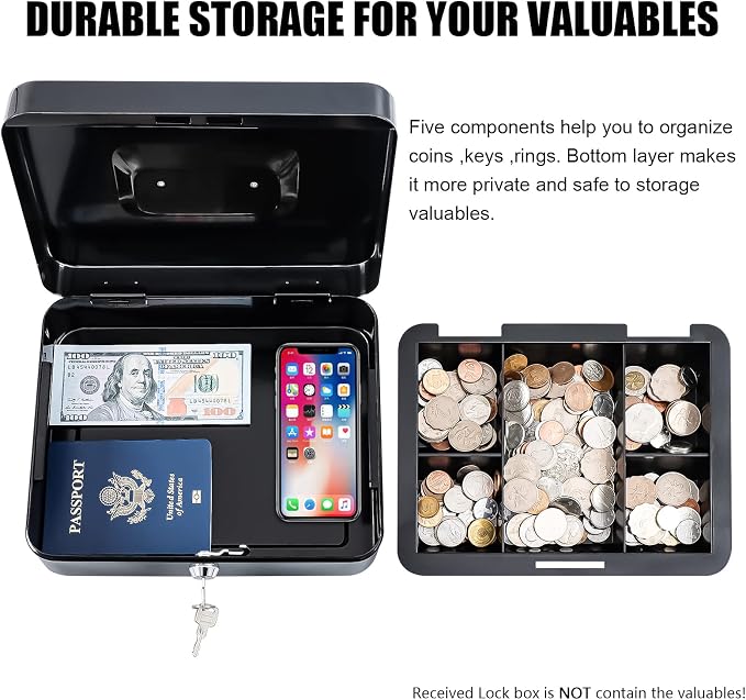 KYODOLED Large Cash Box with Removable Money Tray, Key Lock Metal Storage Box with 2 Keys & Portable Handle, Safe Cash Drawer, 9.84"x 7.87"x 3.54", Black Large